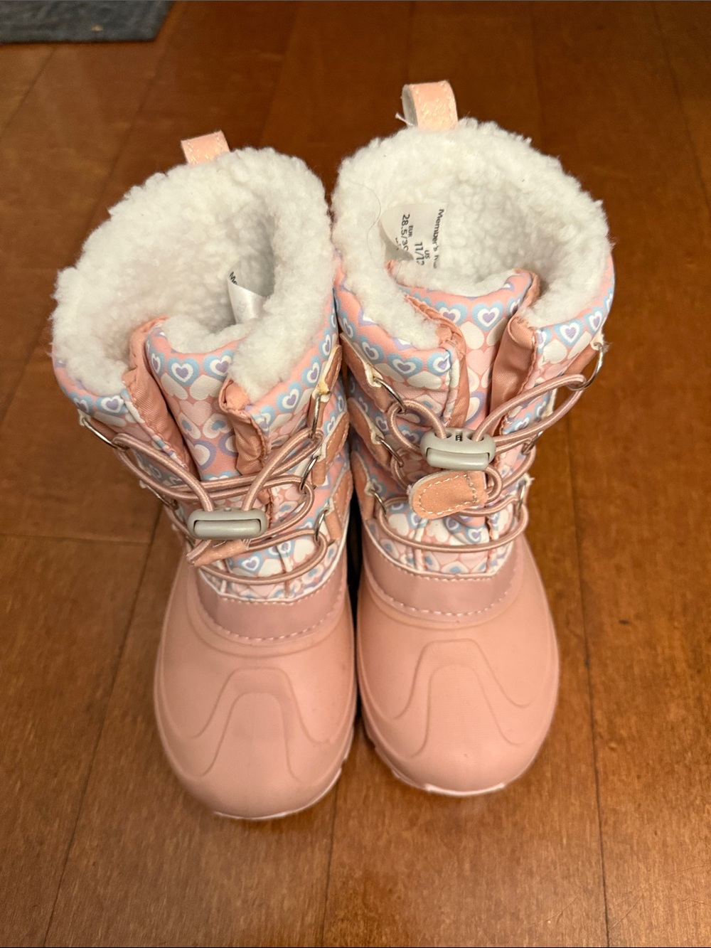 Kids Pink Heart Winter Snow Boots- Cozy Faux-Fur Lined Size 12